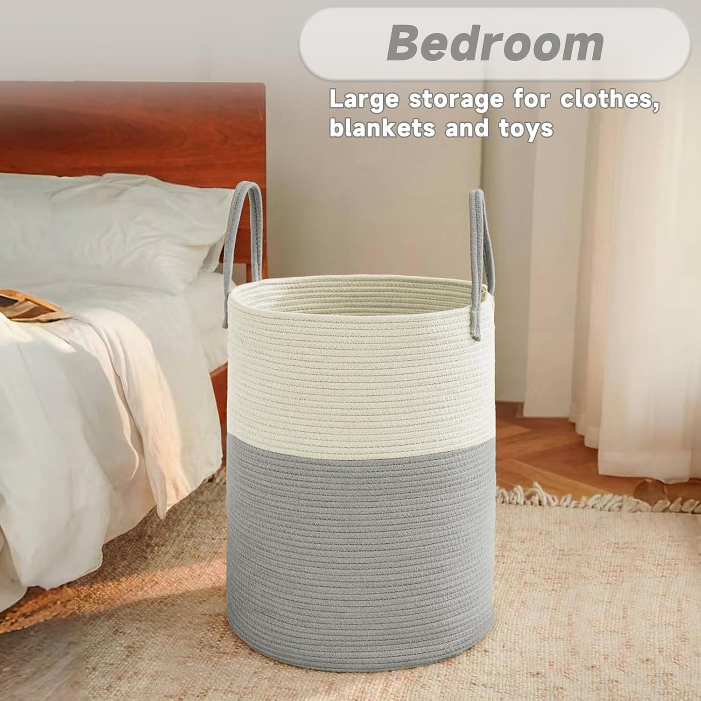 Large Woven Laundry Basket Hamper,100L Cotton Rope Storage Bin for Blankets,Toys and