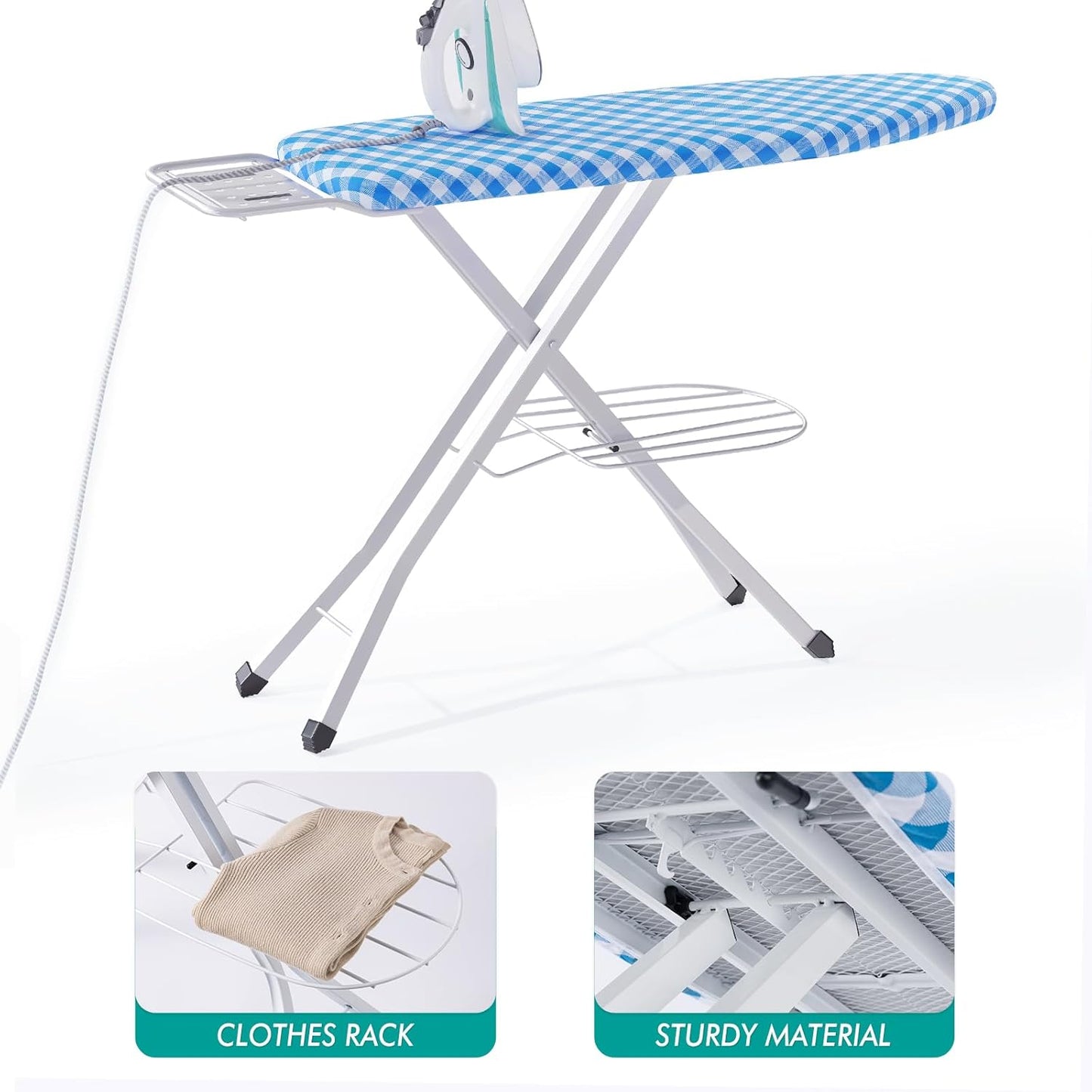 Ironing Board, Heat Resistant Cover Iron Board with Steam Rest, Non-Slip Foldable Ironing Stand.