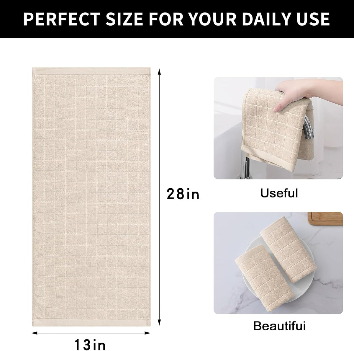 Homaxy 100% Cotton Terry Kitchen Towels(Beige, 13 x 28 inches), Checkered Designed, Soft and Super
