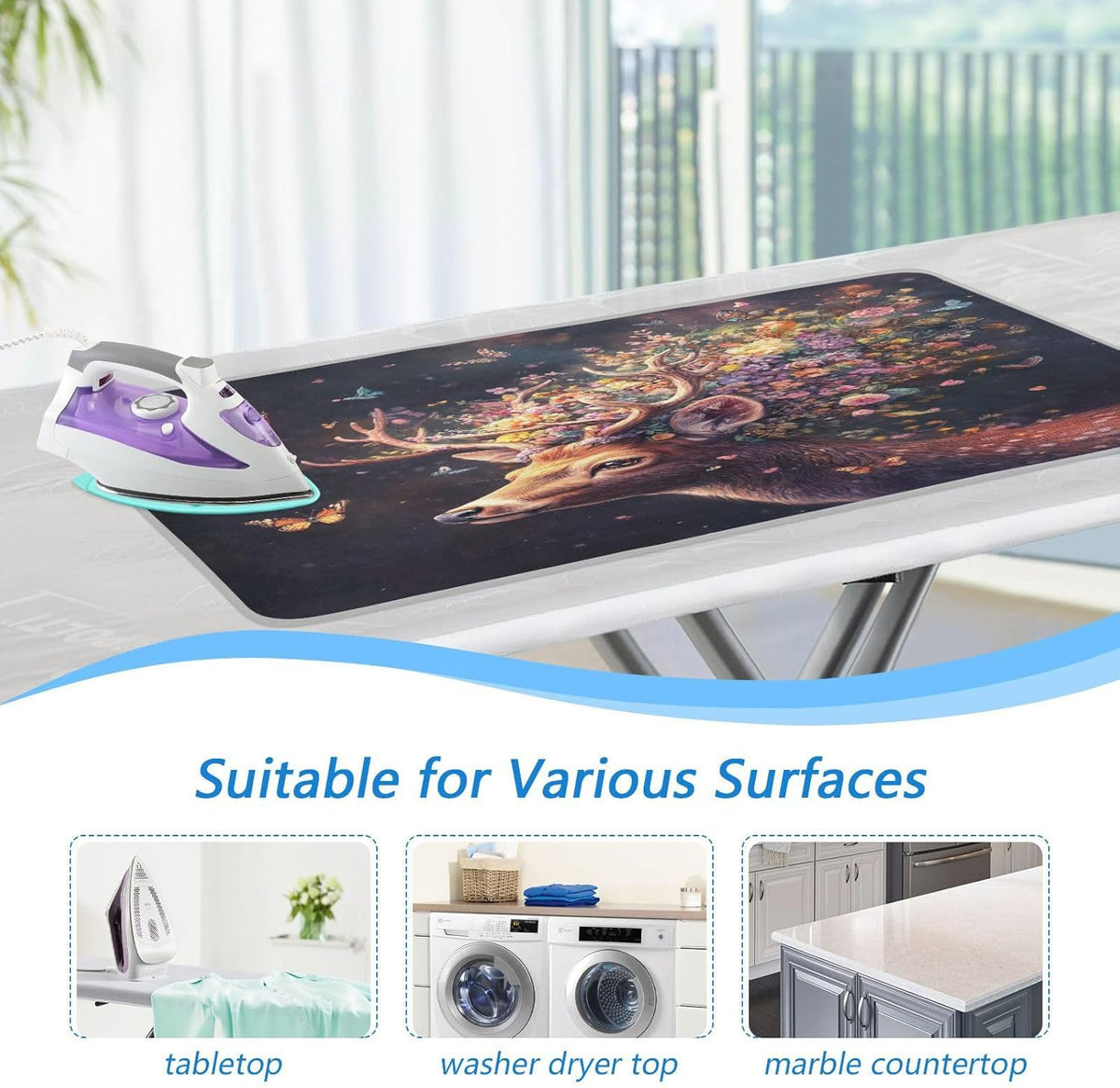 Deer with Butterfly Floral Ironing Mat Thickened Ironing Blanket Travel Portable Double-Side Using