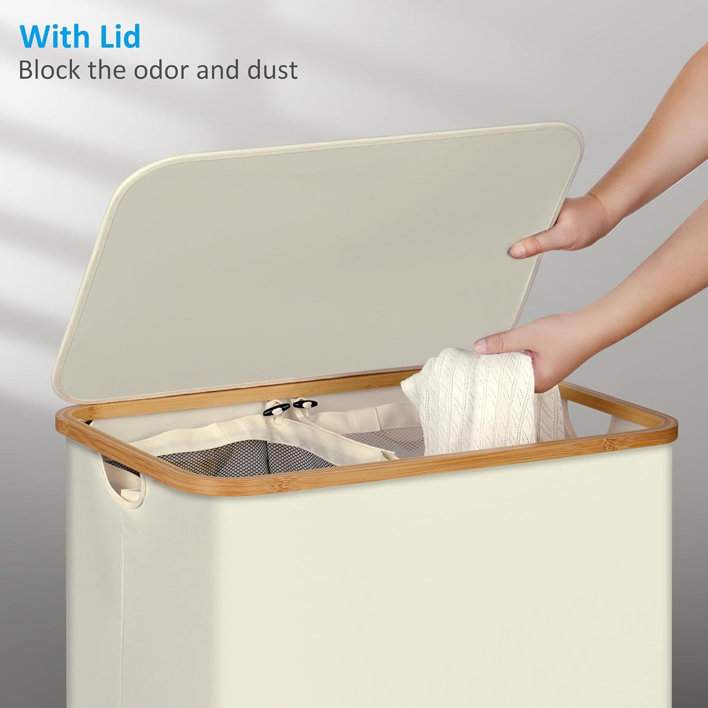 efluky Laundry Hamper with Lid, 160L Tall Laundry Basket with Bamboo Handles for Clothes and Toys