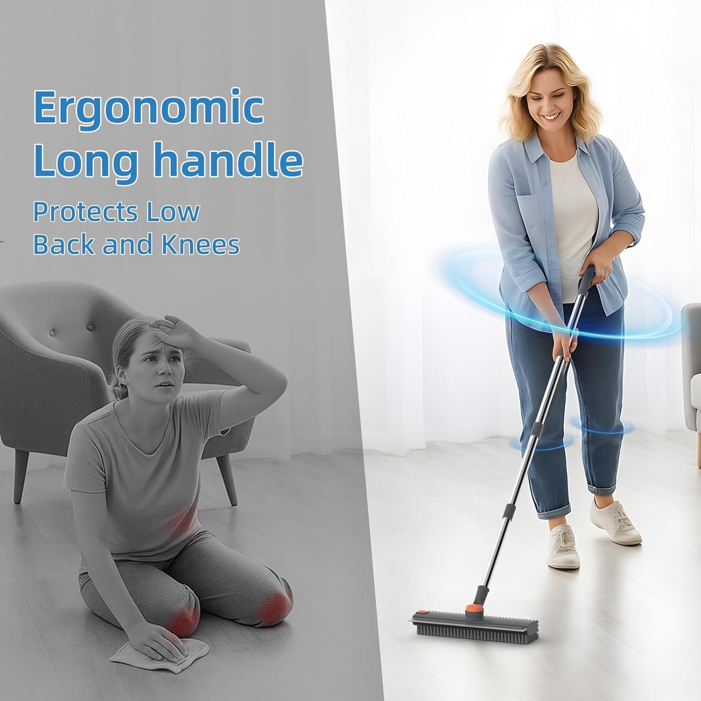 Scrub Brush with Long Handle, Floor Scrub Brush Squeegee Broom for Cleaning, 3 in 1 Shower Scrubber