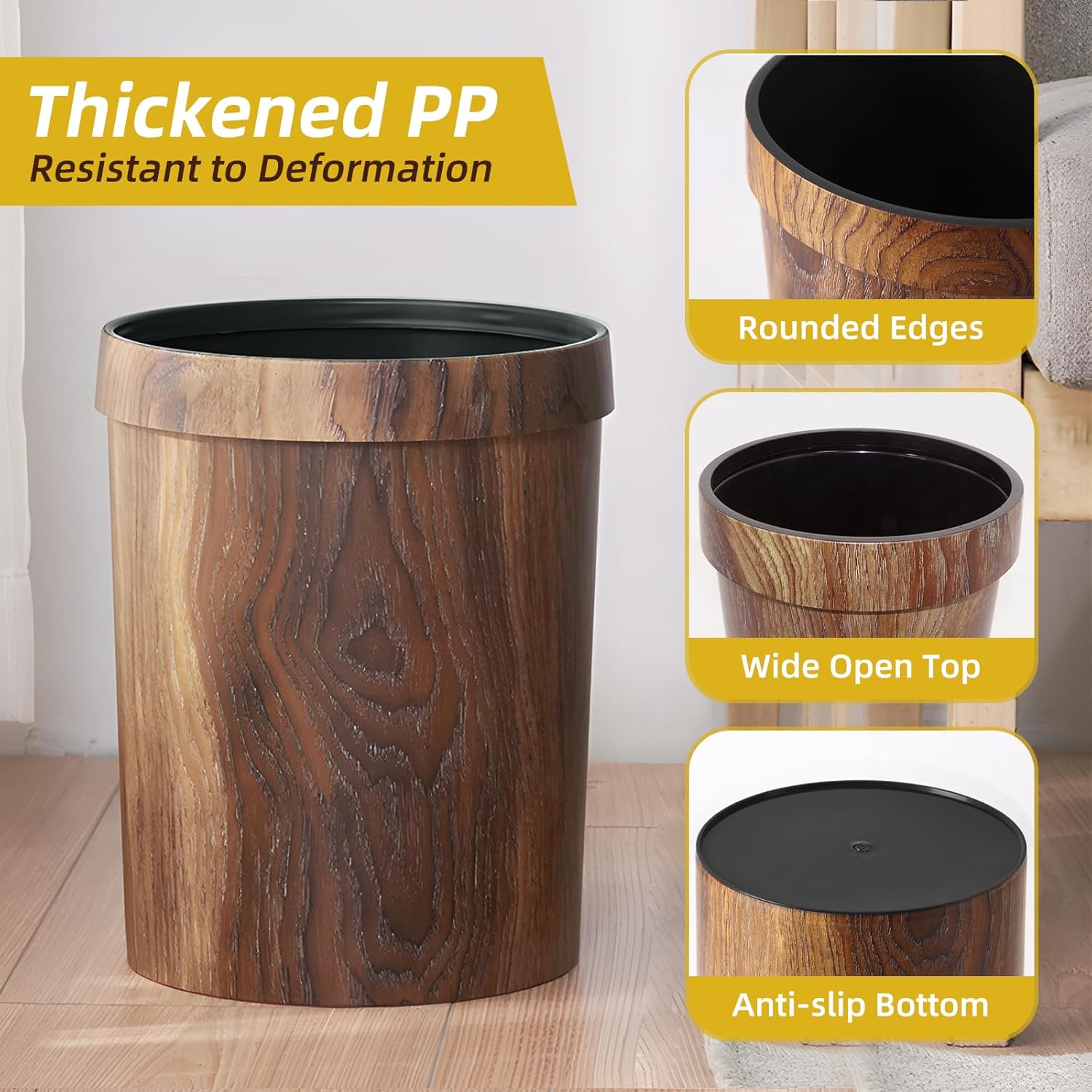 Wood Grain Plastic Trash Can Bedroom, Round 2-Pack, 3.4 Gal Farmhouse Wastebasket Bin Retro Style