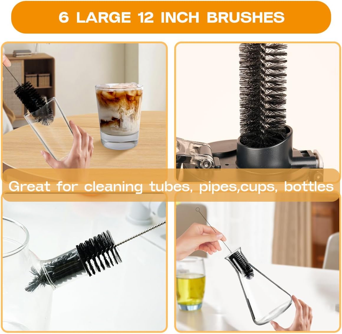 Straw Cleaner Brush Set,6 Piece 12" Long Pipe Tube Bottle Brushes for Cleaning Narrow Neck