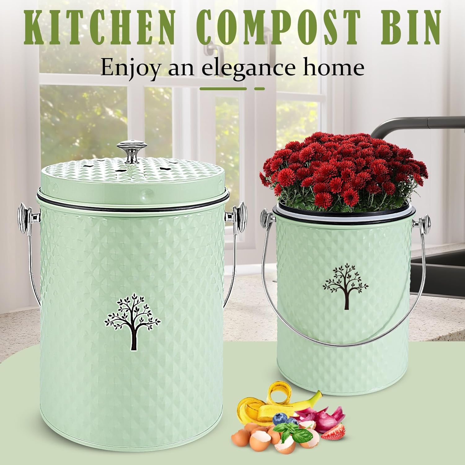 AOSION Countertop Compost Bin Kitchen，Odorless Indoor Compost Bin with Lid and Compost Bags,Compost