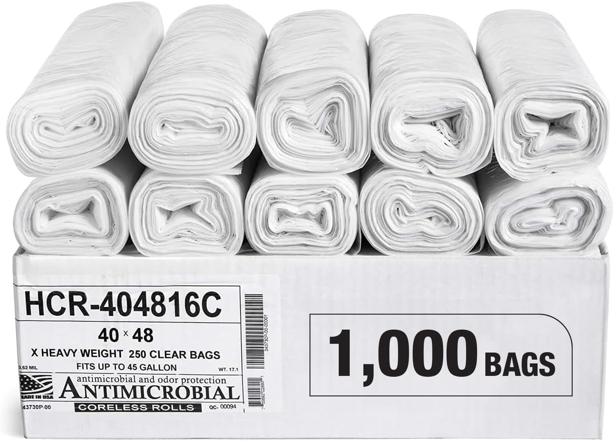 Aluf Plastics High Density Trash Bags, 45 Gallon, 1000 Count, 16 Micron (eq), 40" x 48", Clear, for