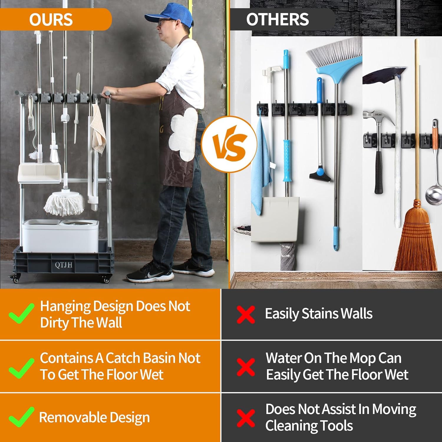 Broom mop holder cleaning supplies organizer janitorial carts on wheels housekeeping station