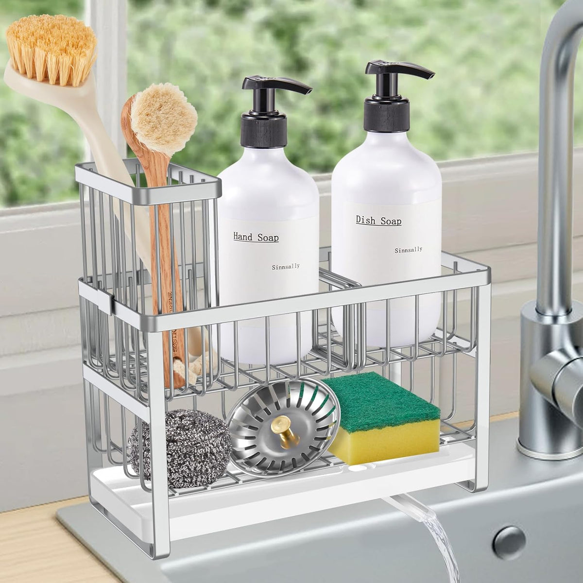 Sinnsally Kitchen Sponge Holder,2 Tier Sink Caddy Organizer with High Brush Holder,Stainless Steel