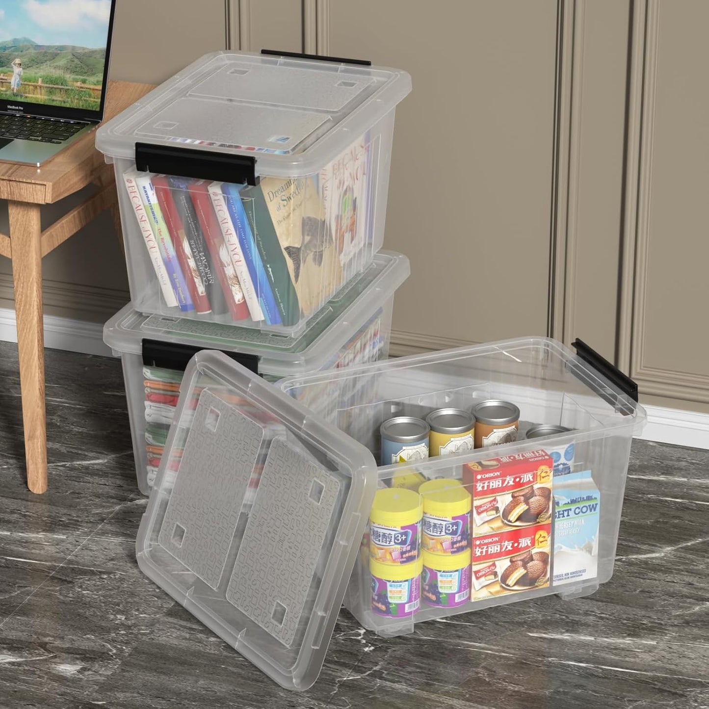 Zopnny 30 Quart Plastic Stacker Box, Large Storage Bin Container with Latching Lids and Wheels for