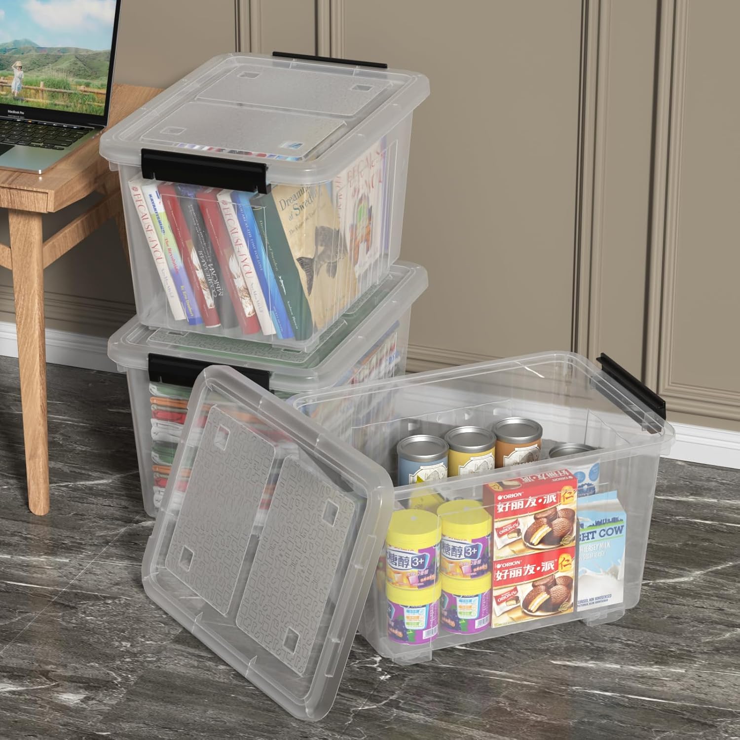 Zopnny 30 Quart Plastic Stacker Box, Large Storage Bin Container with Latching Lids and Wheels for