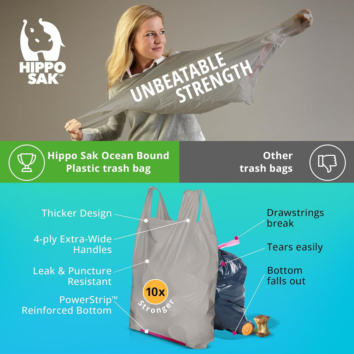 Hippo Sak - Tall Kitchen Garbage Bags with Ergonomic Handles - 13 Gallon Trash Bags Made from