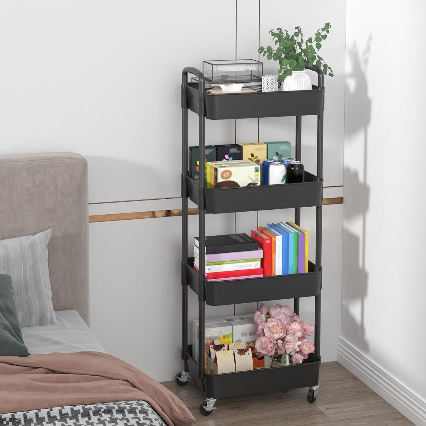 Sywhitta 4-Tier Plastic Rolling Utility Cart with Handle, Multi-Functional Storage Trolley for