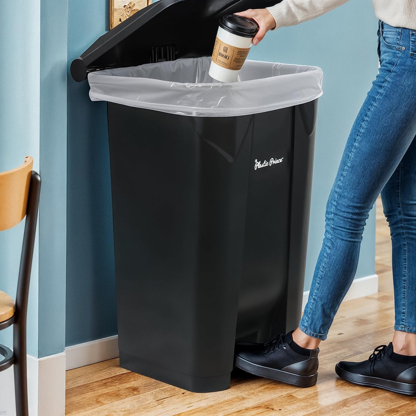 27 Gallon Step-On Trash Can/Container, Black Plastic Dustbin with Lid and Foot Pedal, Hands-Free