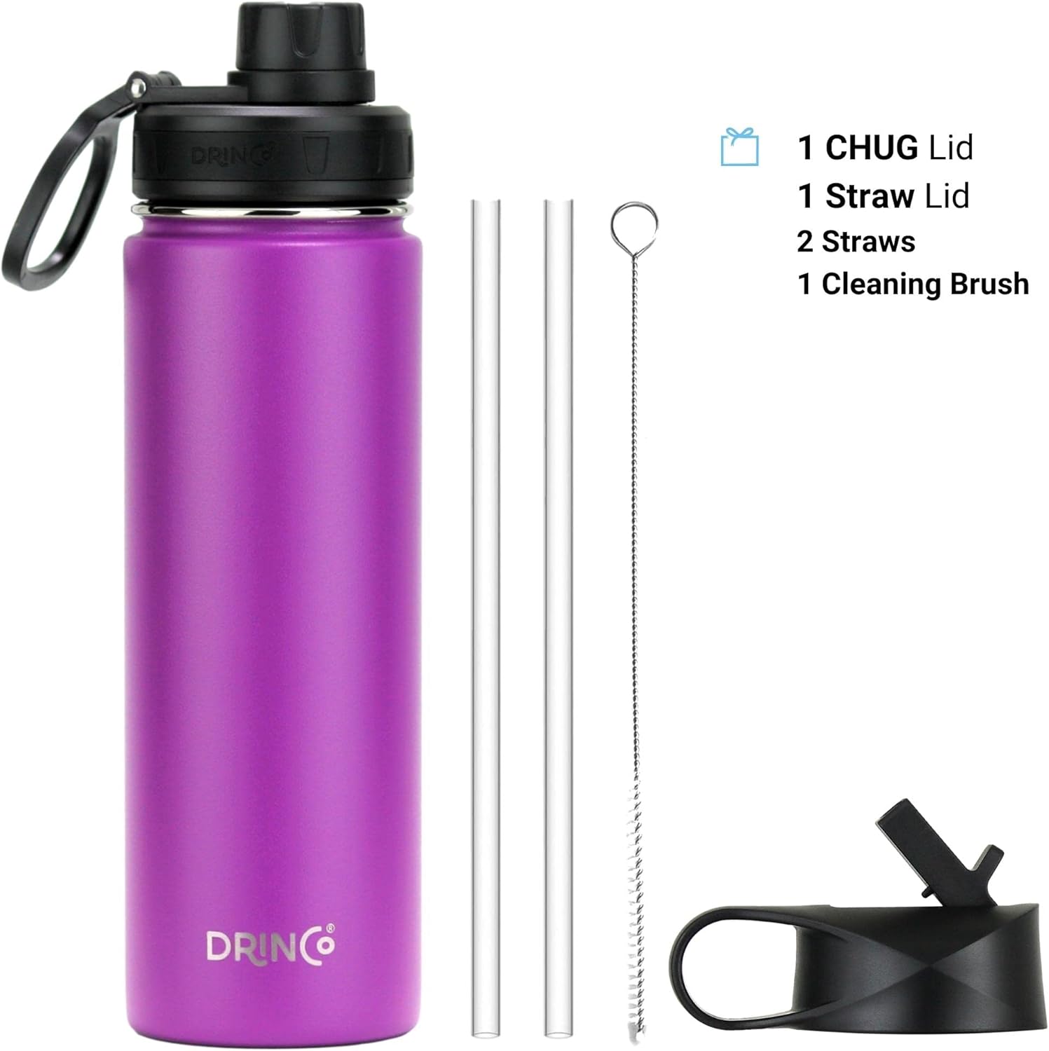 DRINCO Stainless Steel Water Bottle Spout Lid Vacuum Insulated Double Wall Water Bottle Wide Mouth