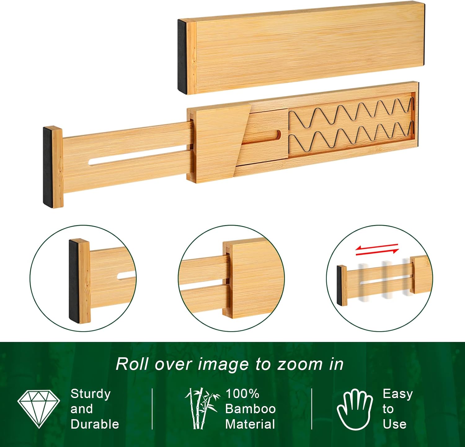 4 Pack Bamboo Drawer Dividers, Adjustable Length from 12 Inch to 17 Inch, Expandable Kitchen Drawer