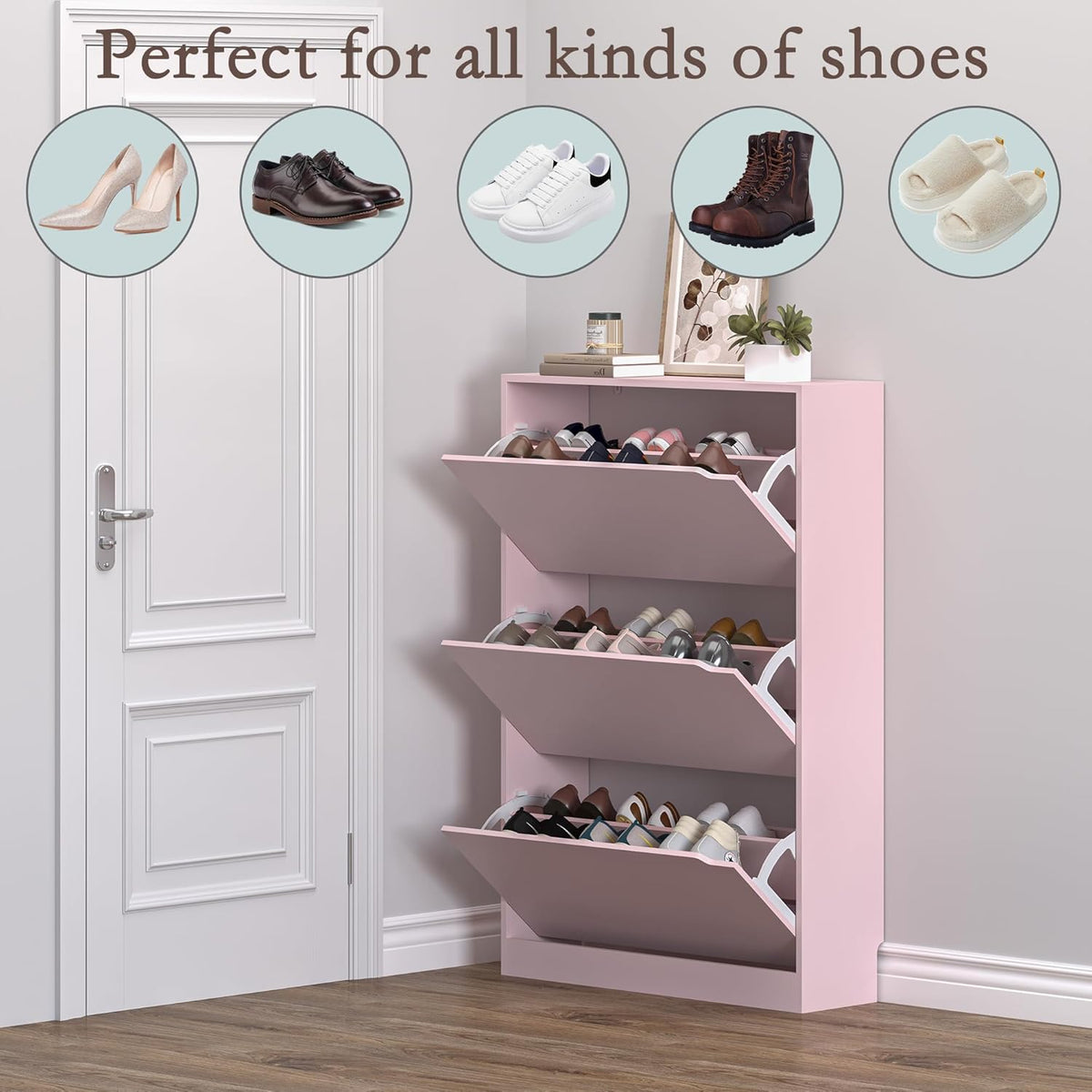 Shoe Cabinet with 3 Flip Drawers, Hidden Wood Shoe Cabinet,Freestanding Shoe Storage Cabinet for