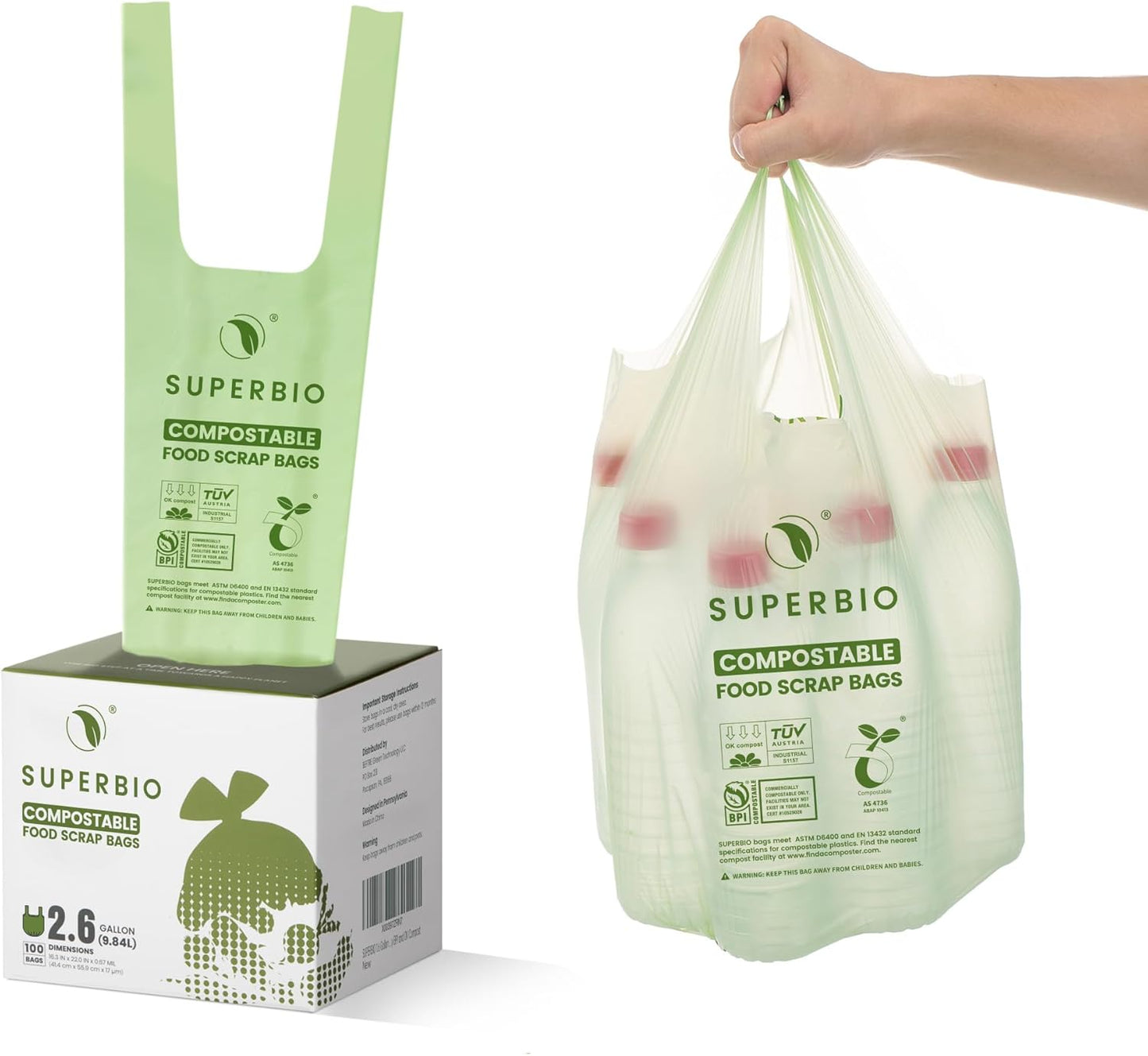 SUPERBIO 2.6 Gallon Compostable Bags with Handles, 100 Count,1 Pack, Food Scrap Bags Certified by