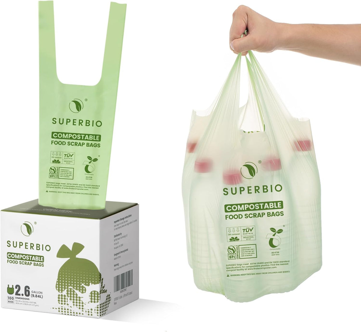 SUPERBIO 2.6 Gallon Compostable Bags with Handles, 100 Count,1 Pack, Food Scrap Bags Certified by