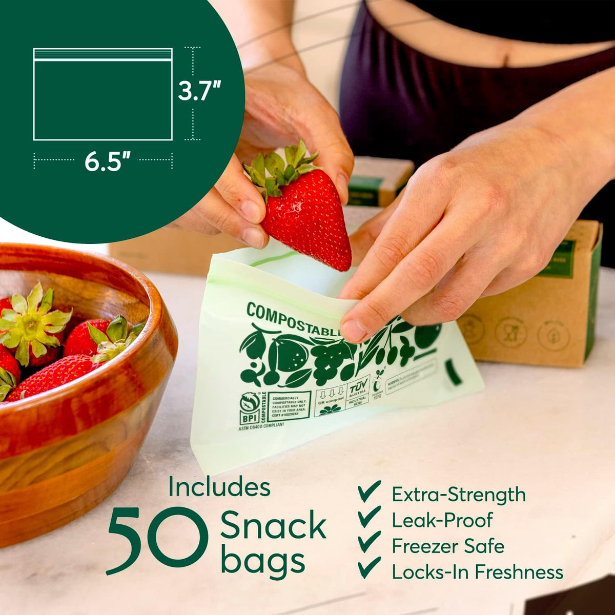 Cleanomic Compostable* Snack Size Food Storage Bags (50 Eco Zip) Freezer and Leak Proof, Also