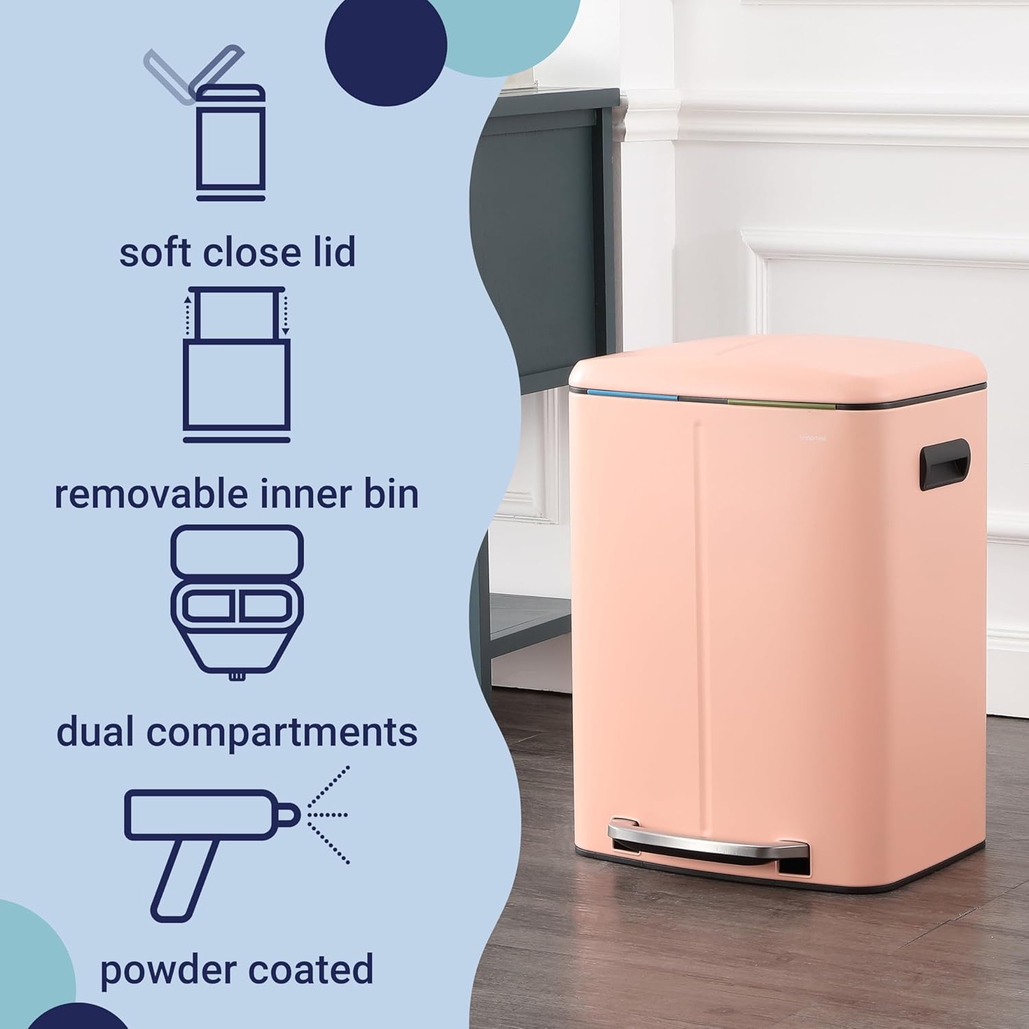 happimess HPM1005G Marco Rectangular 10.6-Gallon Double Bucket Trash Can with Soft-Close Lid