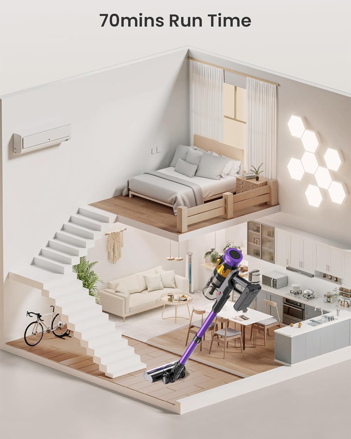 Cordless Vacuum Cleaner, 580W 48KPA 70 Mins Vacuum Cleaners for Home, Self-Standing Cordless Vacuum