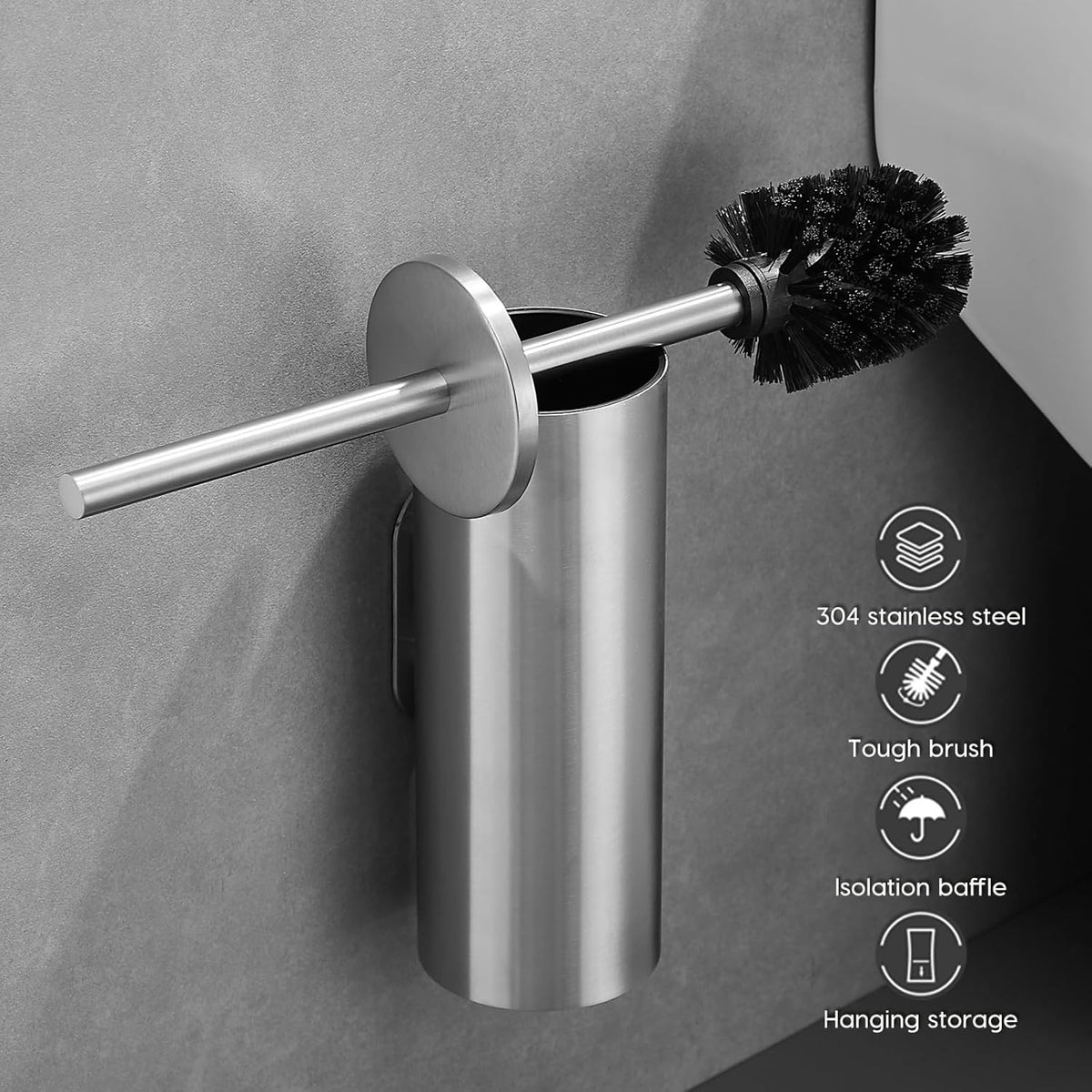 Brushed Stainless Steel Toilet Brush and Cover, No-Punch Hook Base Dual Purpose Toilet Brush Holder