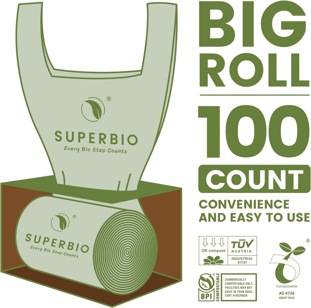 SUPERBIO 2.6 Gallon Compostable Bags, 100 Count, 2 Pack, 9.84L, Handle Tie Food Waste Bags, BPI and