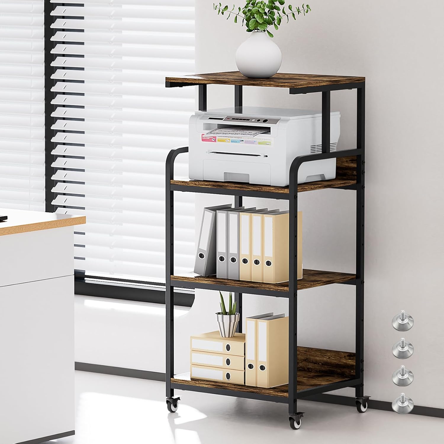 4 Tier Printer Stand with Storage Shelf, Large Tall Printer Table for Home Office, Movable Printer