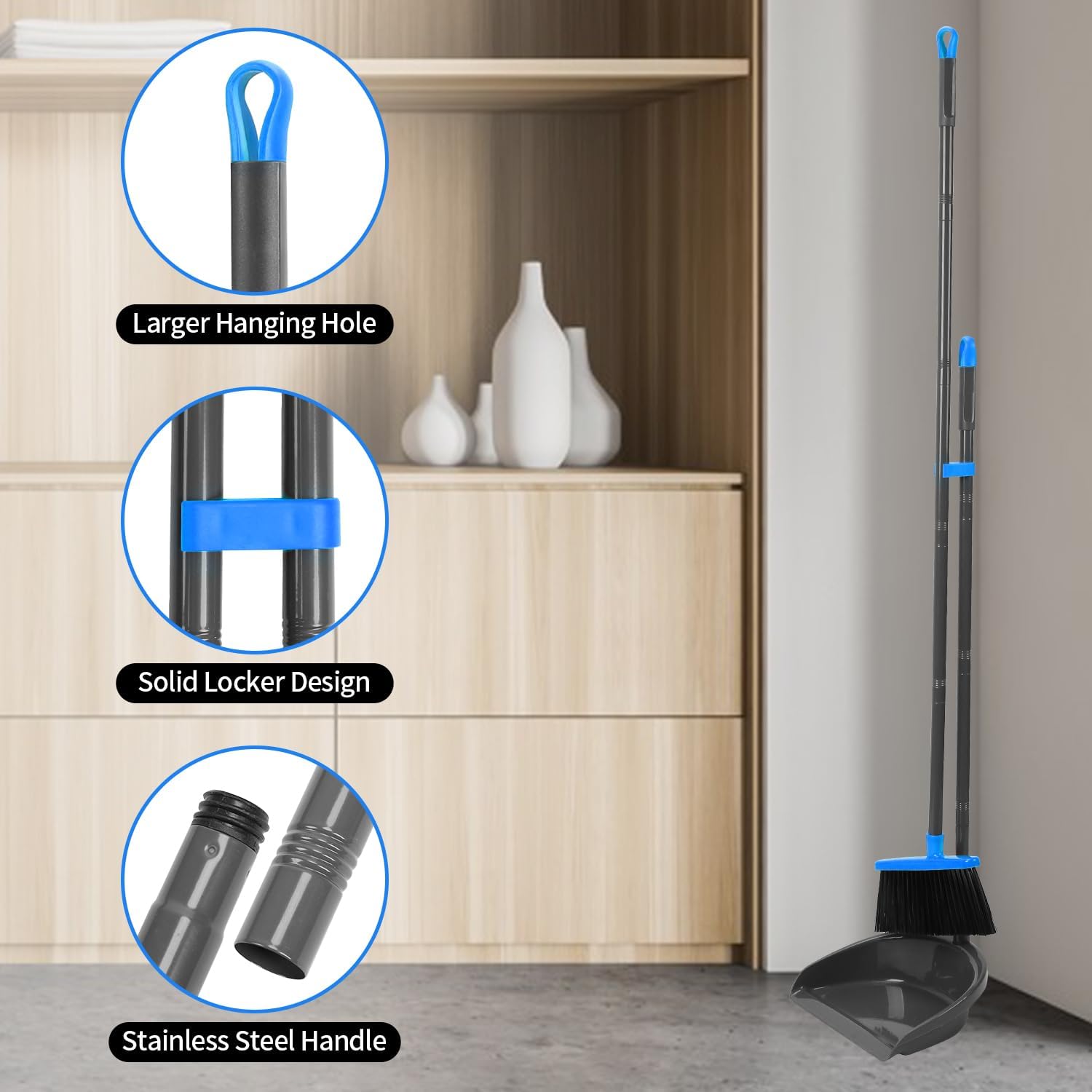 Broom and Dustpan Set ，Long Handle Broom with Upright Standing Dust pan for Indoor Outdoor Home