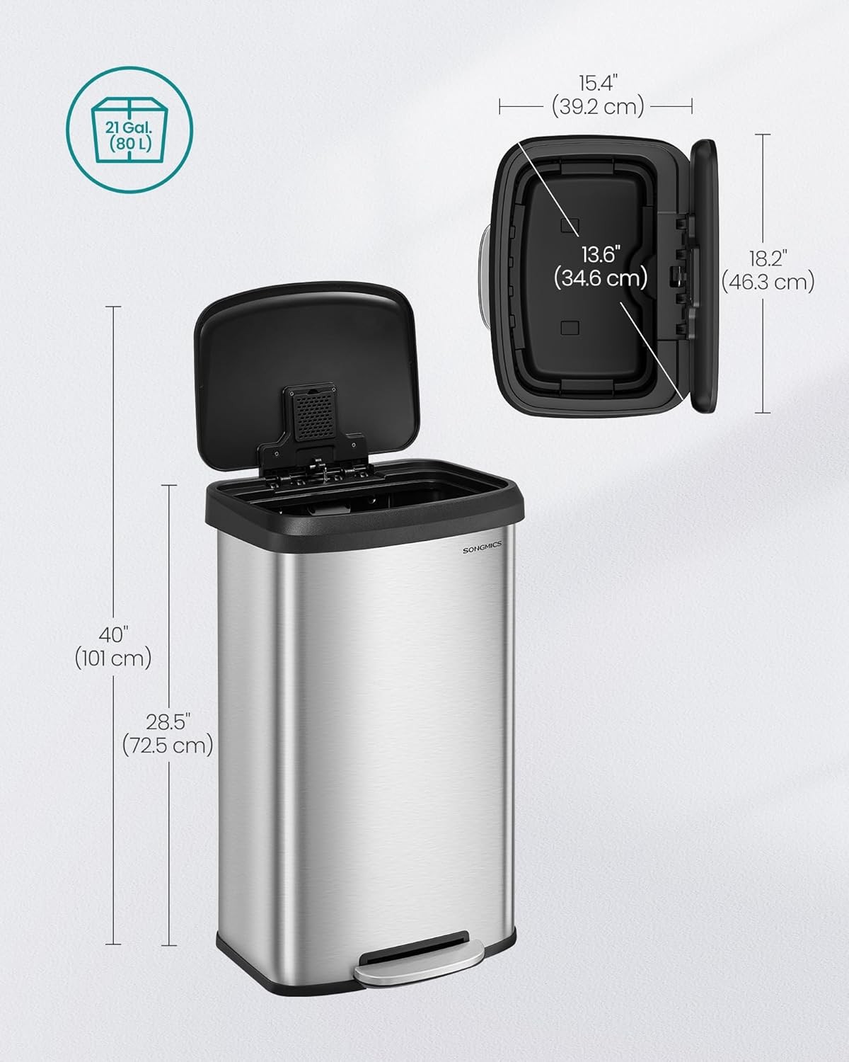 SONGMICS Kitchen Trash Can, 21 Gallon (80 L) Stainless Steel Garbage Can, with Stay-Open Lid and