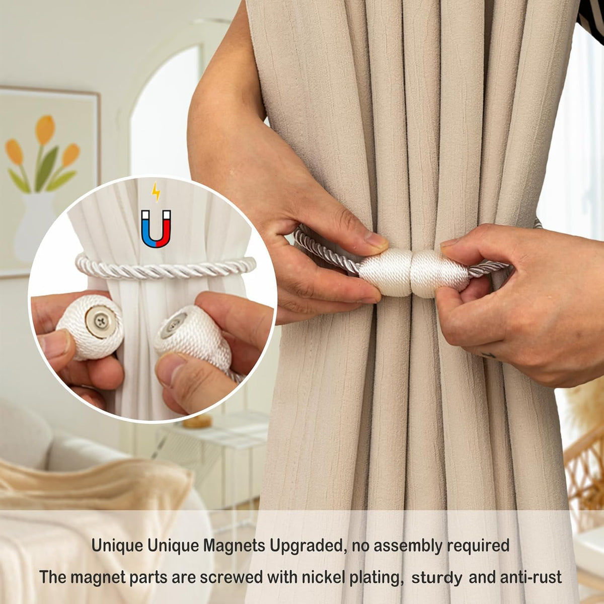 Magnetic Curtain Tiebacks - Rope Tie Backs for Curtains & Drapes - Decorative Window Holdbacks (6