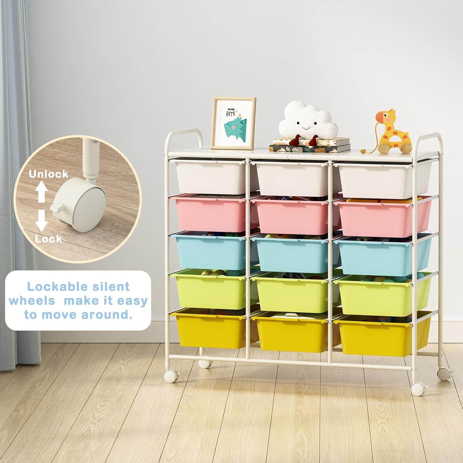 15 Drawers Rolling Cart With Wheels, Plastic Storage Drawer With Metal Frame, Multipurpose Art