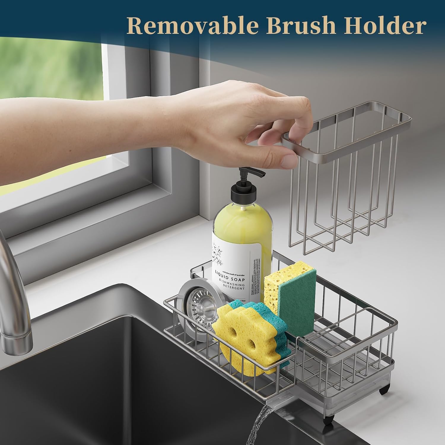 Consuemst Sponge Holder for Kitchen Sink - Auto Draining Sink Caddy Organizer with Detachable Rack