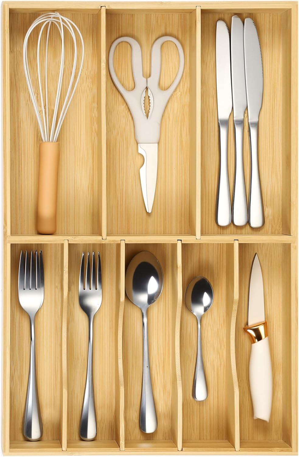 Fabsome Silverware Organizer for Kitchen Drawers, 2.5'' Deep 12.8'' Wide Bamboo Wood Flatware Tray