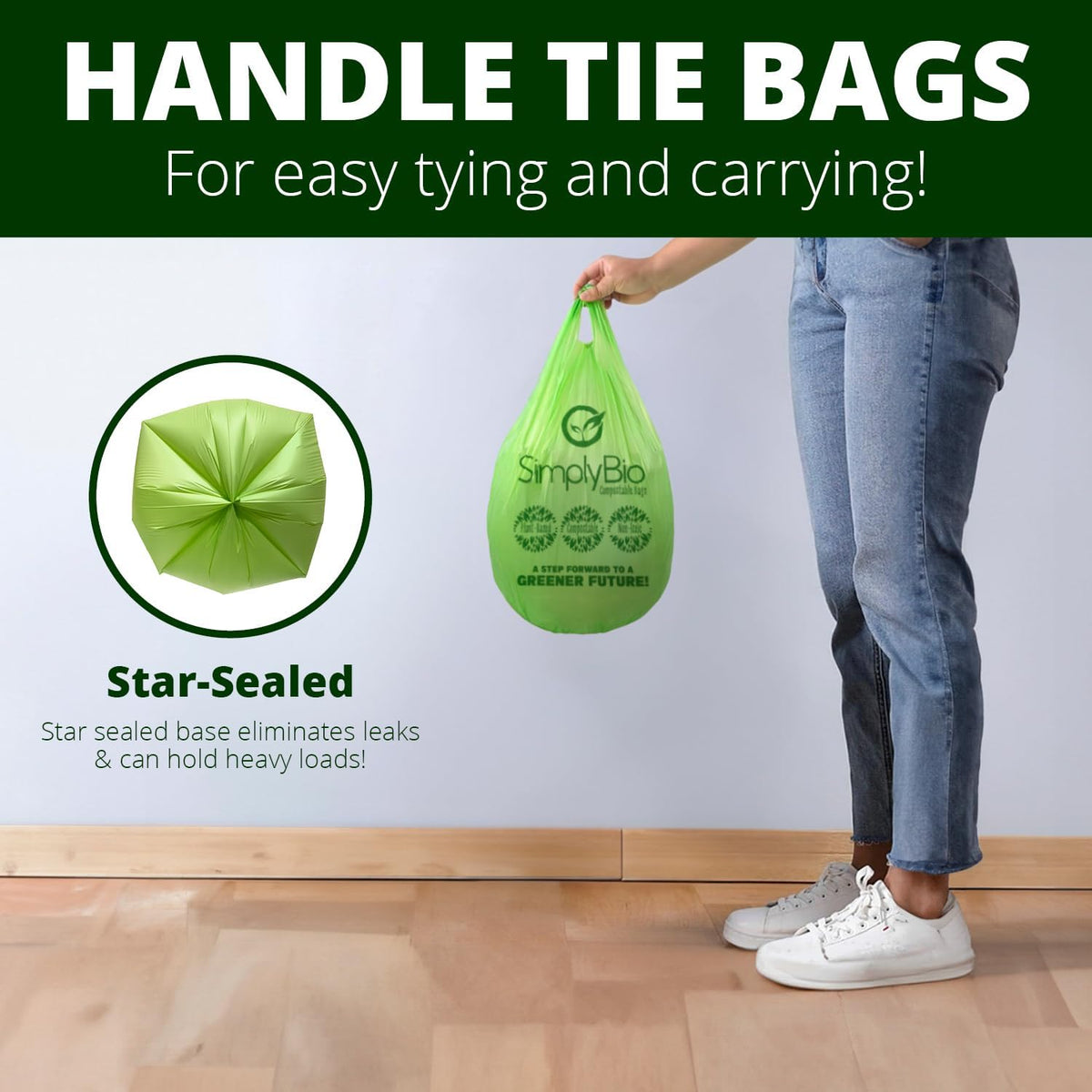Simply Bio 3 Gallon Compostable Trash Bags Liners with Handle-Tie, Thick 0.67 Mil, 11.36 Liter, 80