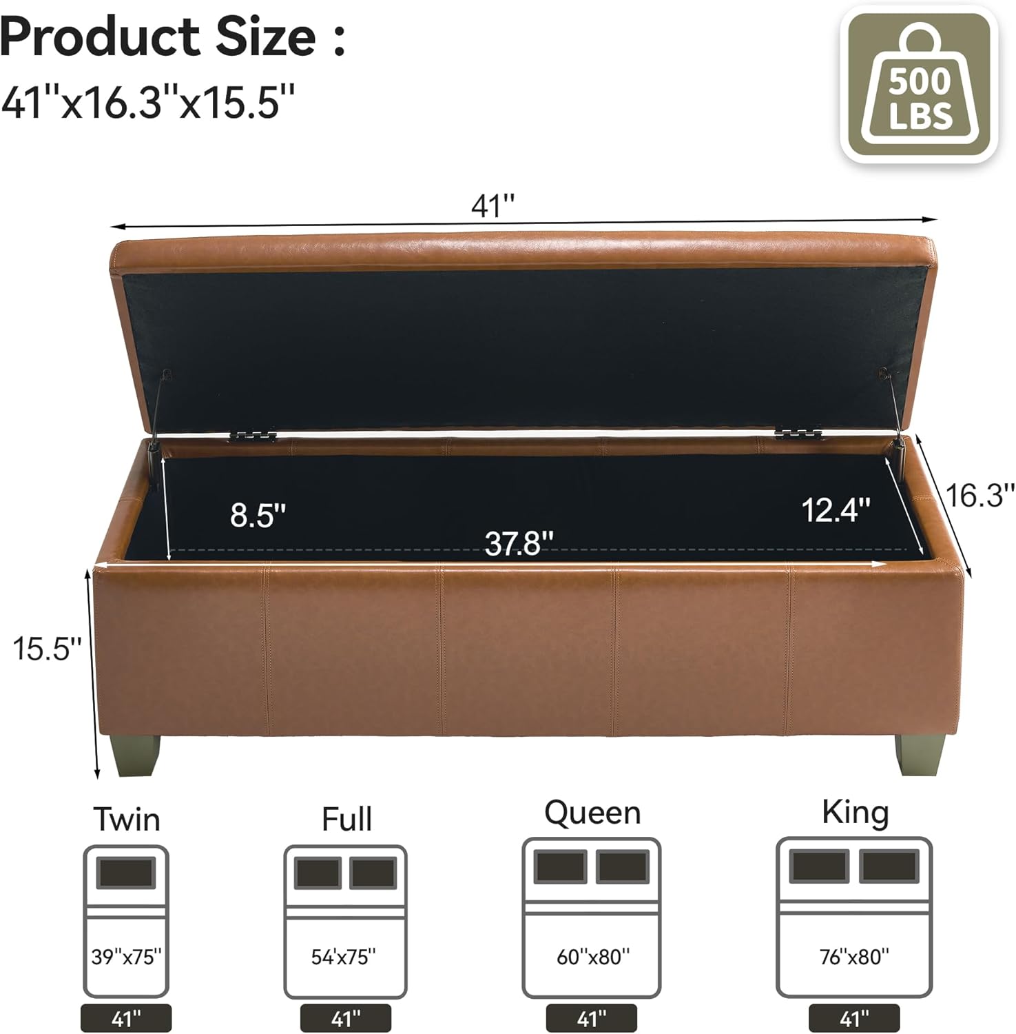 41" Faux Leather Storage Ottoman, Stitch Tufted Rectangle Upholstered End of Bed Storage Bench