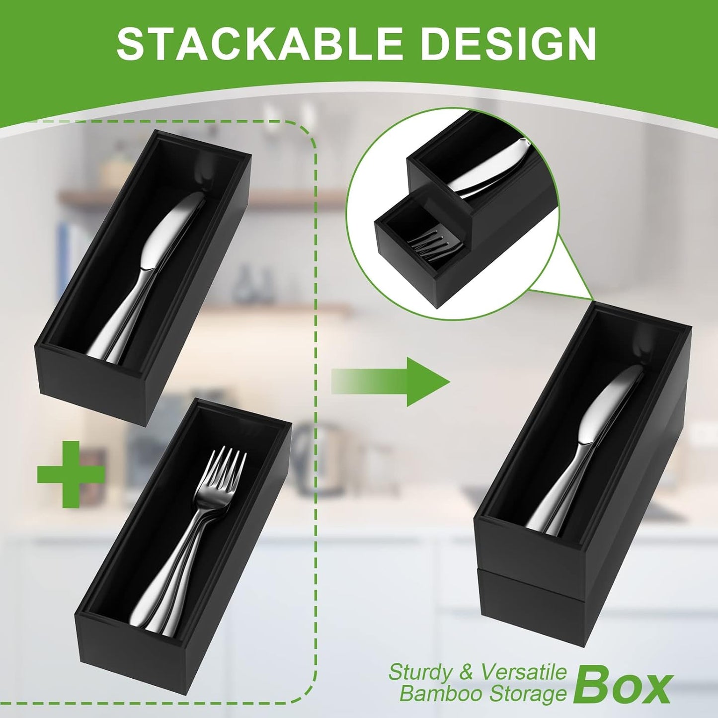 Premium Bamboo Kitchen Drawer Organizer - Set of 2, Stackable Utensils Holder, Storage Box Tray for
