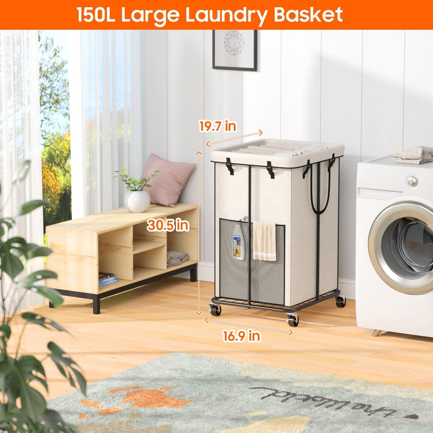 150L Laundry Hamper with Wheels, Rolling Laundry Basket with Metal Frame and Removable Bag, Large &