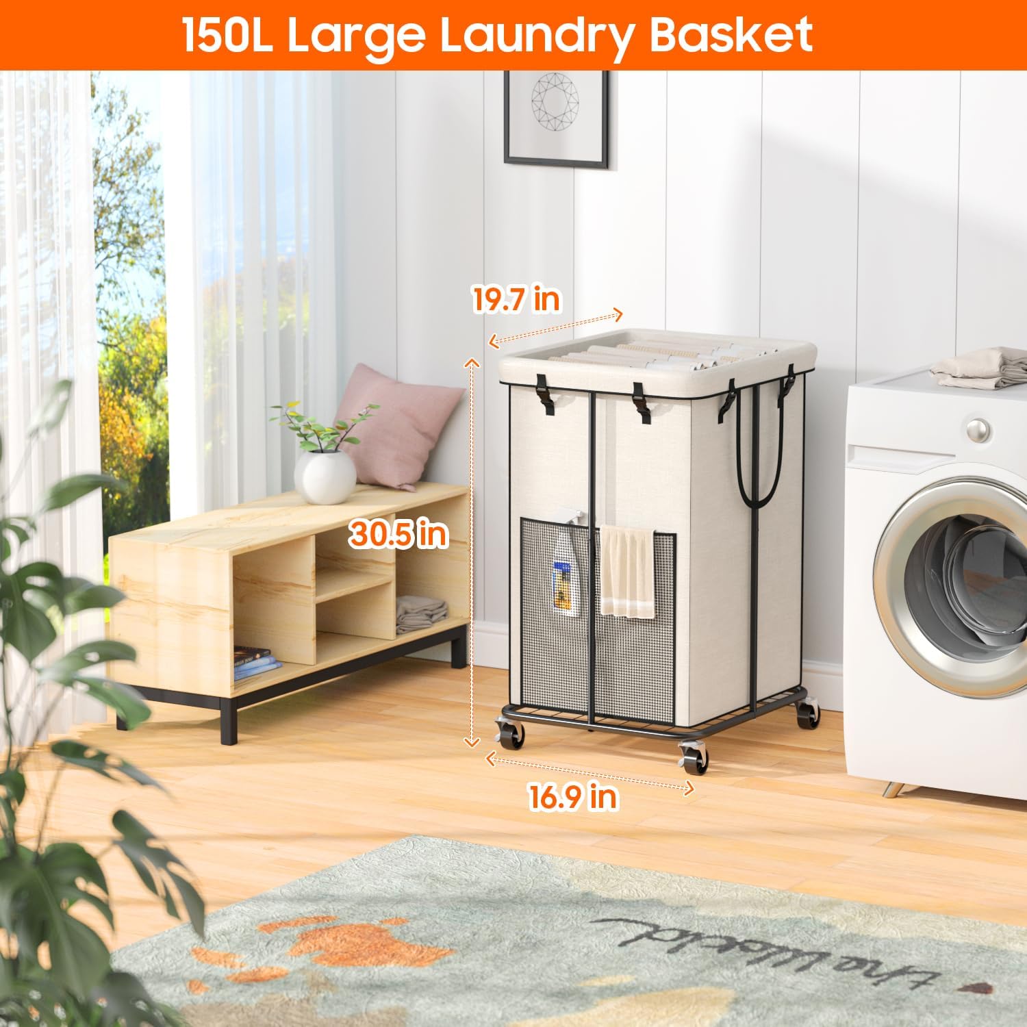 150L Laundry Hamper with Wheels, Rolling Laundry Basket with Metal Frame and Removable Bag, Large &