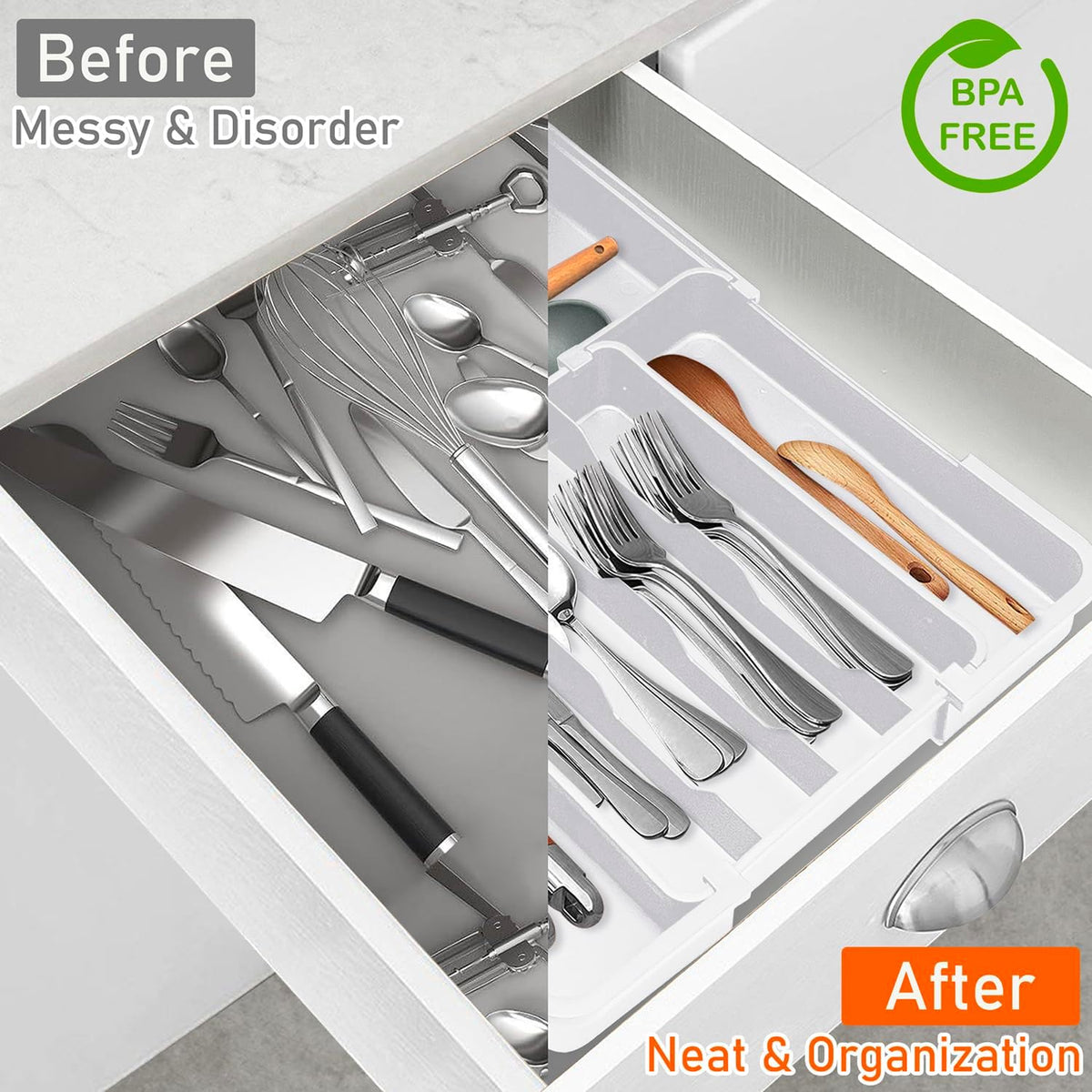 Silverware Organizer - Expandable Kitchen Drawer Organizer, BPA-Free Food-Safe Utensil Drawer