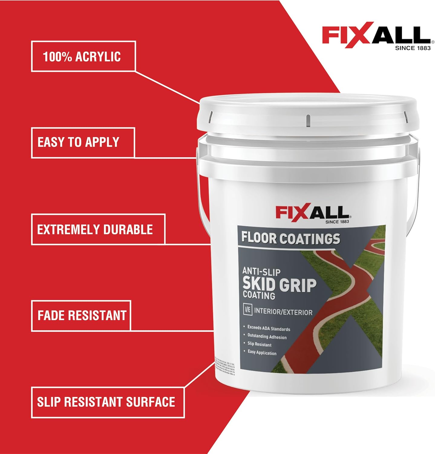 FIXALL Skid Grip Anti-Slip Coating, 5 Gallons, Crimson, Exceeds ADA Standards, Ideal for Safety