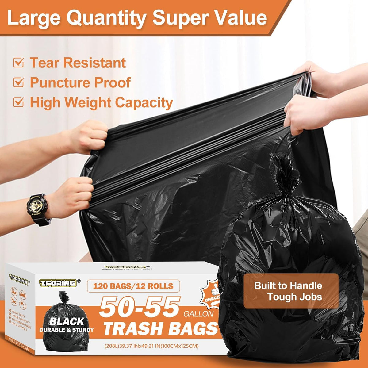 50-55 Gallon Black Trash Bags 120 Count - 40''x50'' Extra Large 50+ Gallon Garbage Bags,Unscented