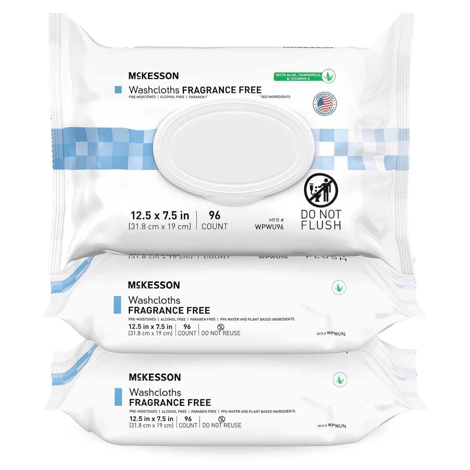 McKesson Washcloth Wipes for Adults, Unscented (3 Pack, 288 Washcloths) Disposable Wash Cloths for