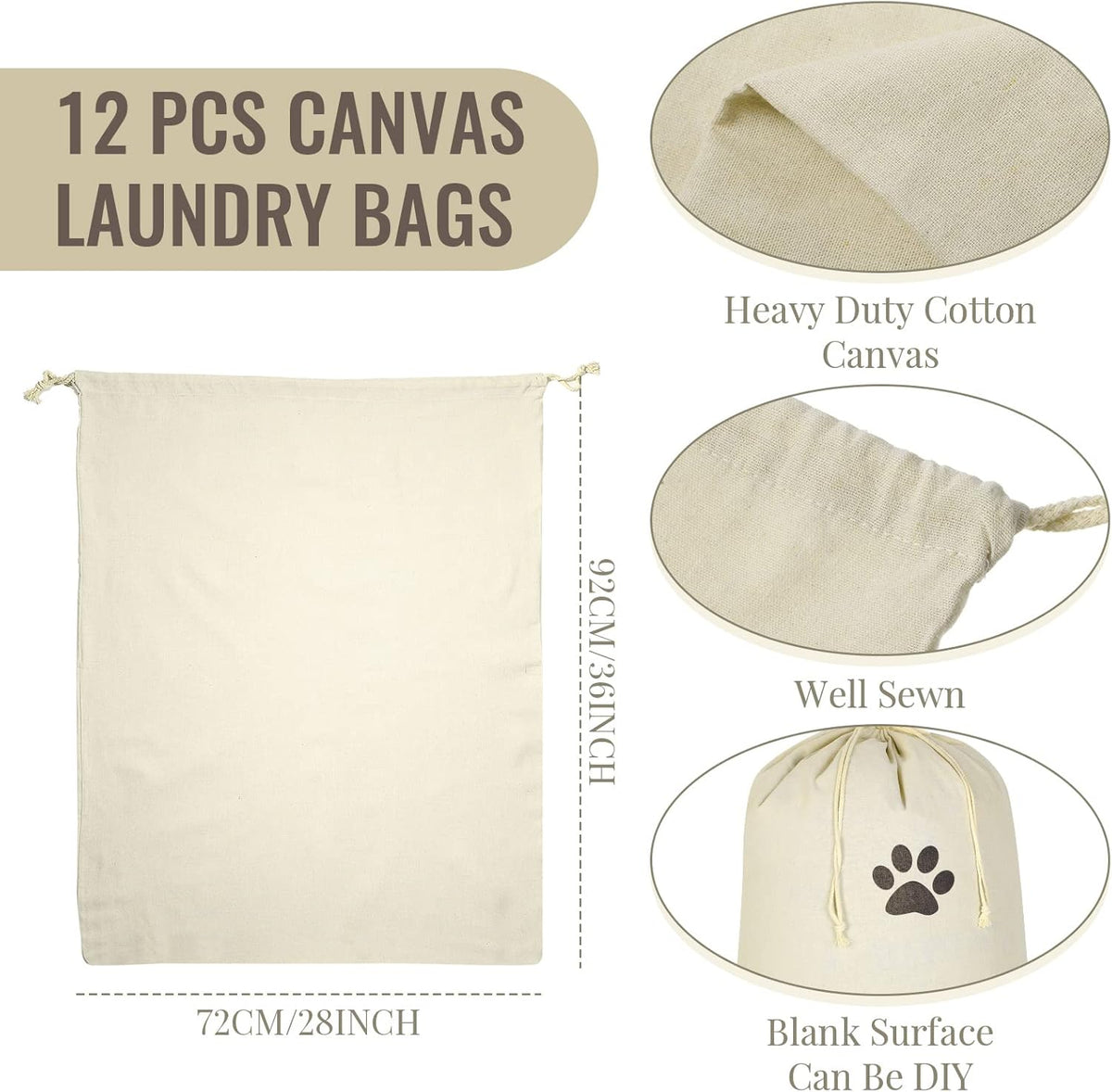 12 Pieces 28" x 36" Canvas Laundry Bags Bulk Large Cotton Laundry with Drawstring Heavy Duty Hamper
