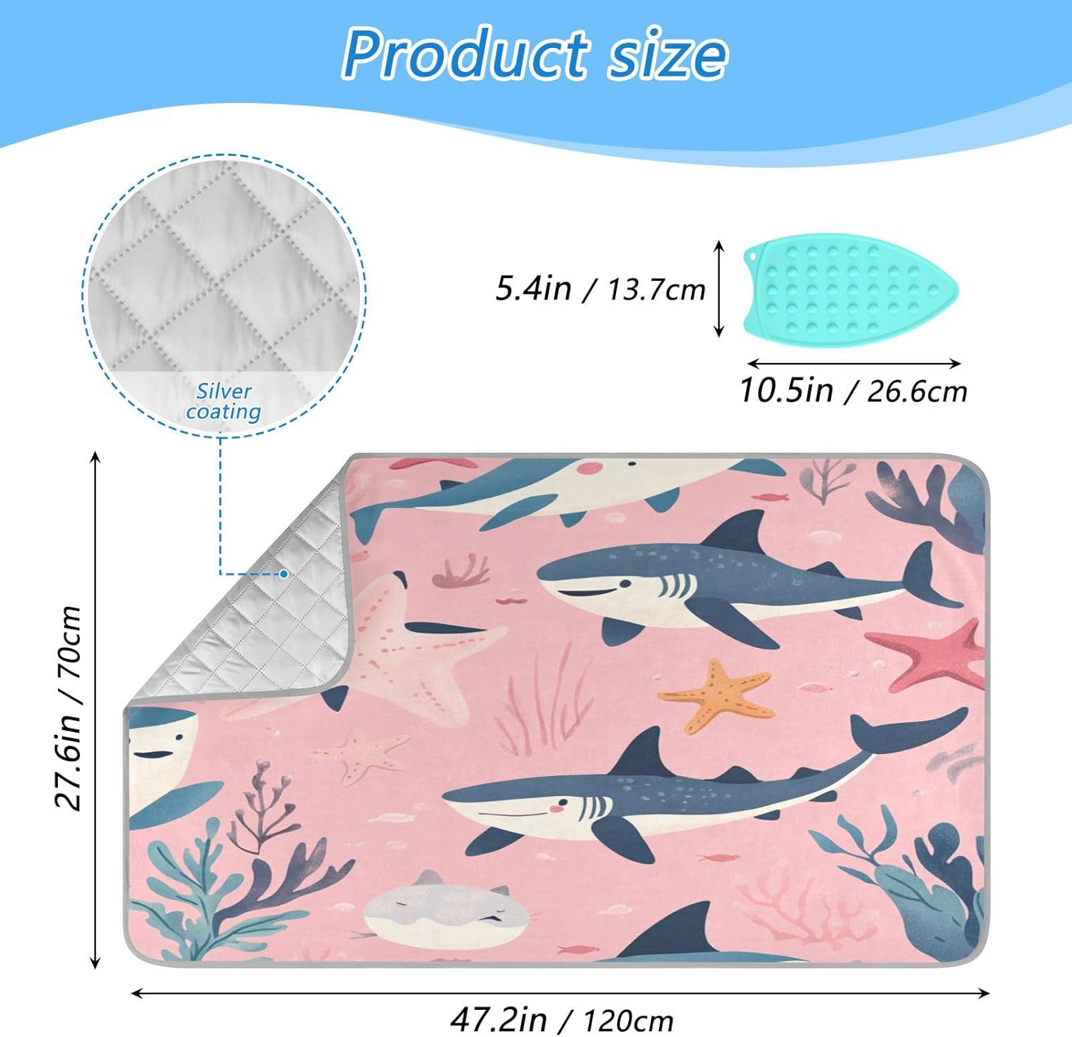 Pink Sharks Starfish and Seaweeds Ironing Mat Thickened Ironing Blanket Travel Portable Double-Side
