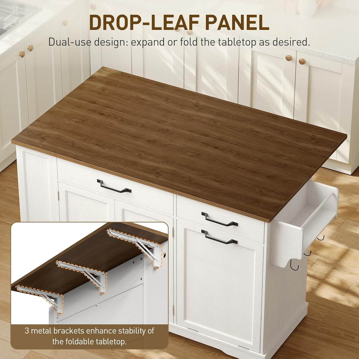 Kitchen Island with Power Outlet & Drop Leaf, Rolling Storage Cart with Trash Storage