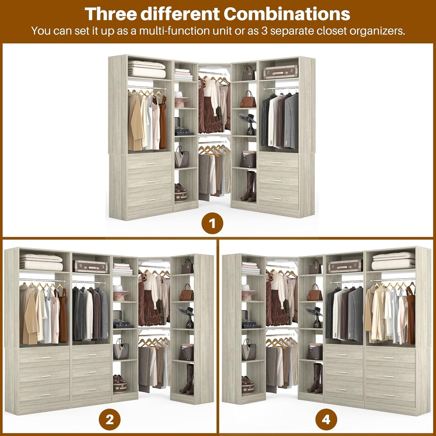 Corner Closet System with 6 Drawers, Closet Organizer System with 14 Shelves & 4 Hanging Rods
