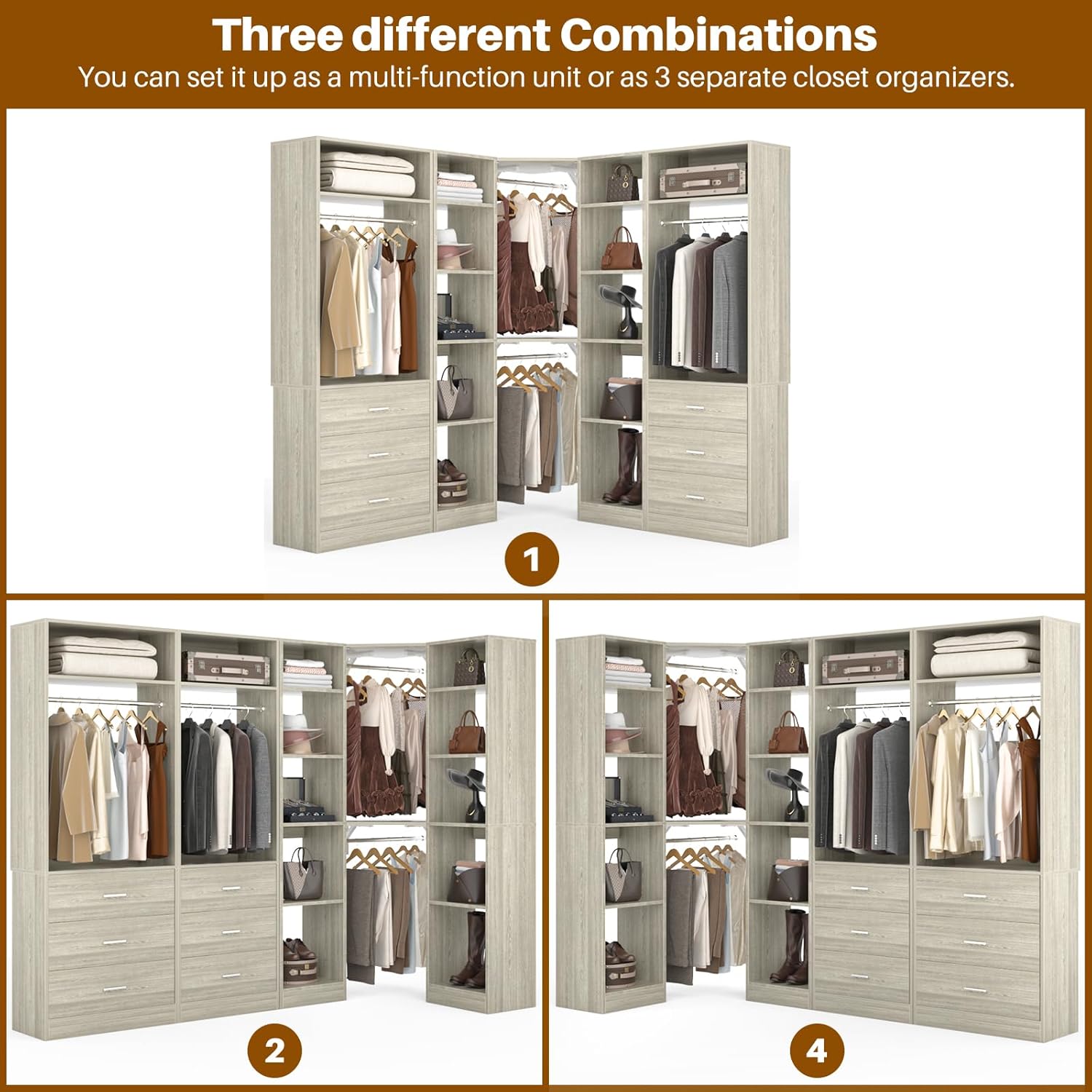 Corner Closet System with 6 Drawers, Closet Organizer System with 14 Shelves & 4 Hanging Rods
