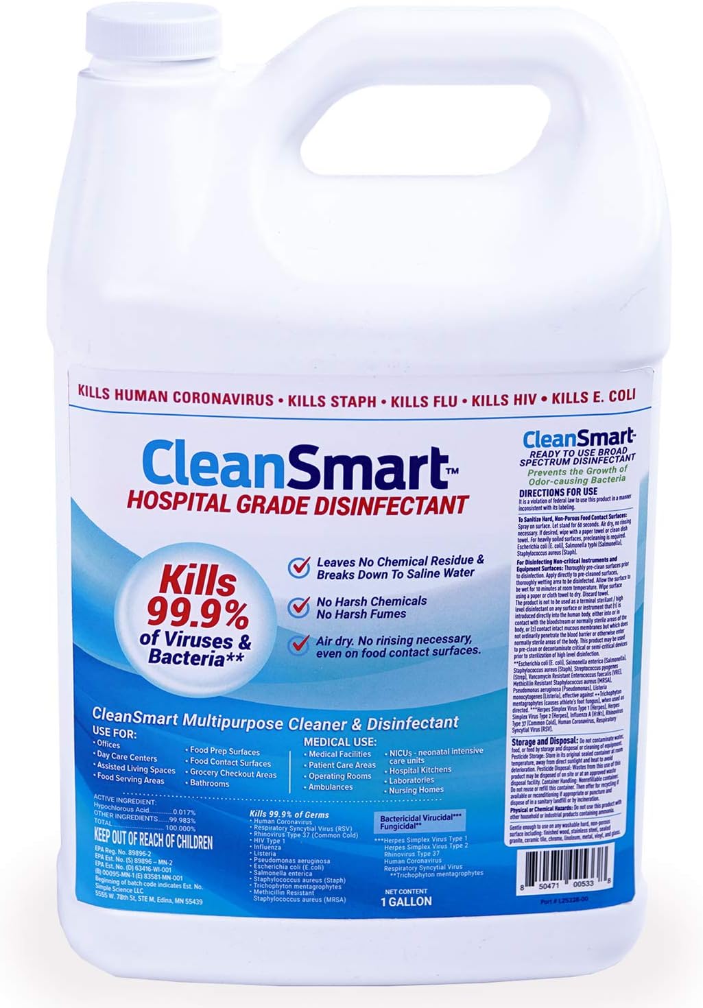 CleanSmart Hospital Grade Disinfectant, Kills 99.9% of Viruses and Bacteria, Hypochlorous Acid
