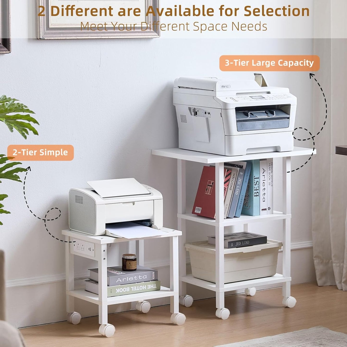 Lerliuo Under Desk Printer Stand with Charging Station, 2 Tier Wooden Small Printer Table with